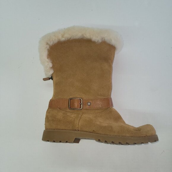Ugg Nessa Bootie Girls 4 Chestnut Wool Trim Suede Leather Buckle Accent Lug Sole - Picture 1 of 13